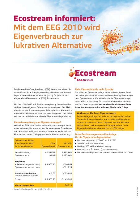 Ecostream informiert: Mit dem EEG 2010 wird Eigenverbrauch zur ...