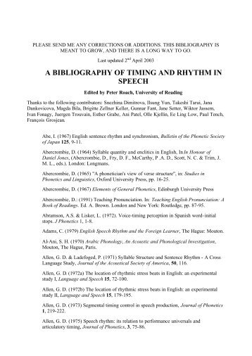 a bibliography of timing and rhythm in speech - University of Reading