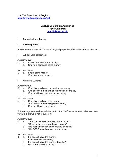 1 Li8: The Structure of English http://www.ling.cam.ac.uk/Li8 Lecture ...