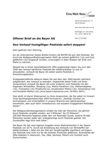 Offener Brief an die Bayer AG Den Verkauf ... - PAN Germany