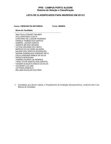 Lista de aprovados para ingresso em 2013/2 - IFRS CÃ¢mpus Porto ...