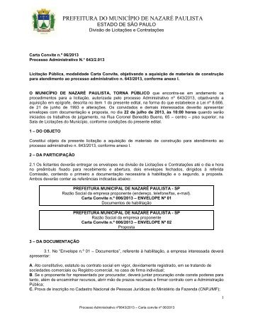 Edital Carta Convite 06/2013 Encontra-se aberta licitação na ...