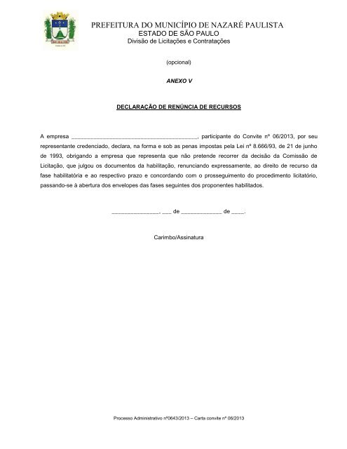 Edital Carta Convite 06/2013 Encontra-se aberta licitação na ...