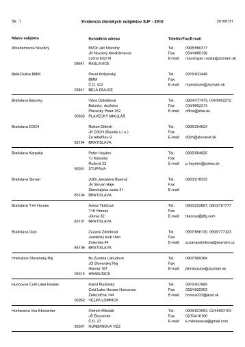Evidencia ÄlenskÃ½ch subjektov SJF - 2010 - Jazdectvo