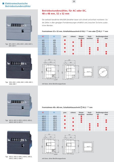 Betriebsstundenzähler, für AC oder DC, 48 x 48 mm, 52 x ... - Bauser