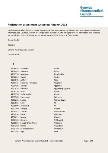 GPhC Pass List September assessment 2012.pdf - General ...