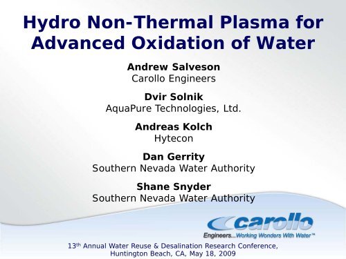 Hydro Non-Thermal Plasma for Advanced Oxidation of Water