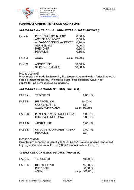 FORMULAS ORIENTATIVAS CON ARGIRELINE CREMA ... - Fagron
