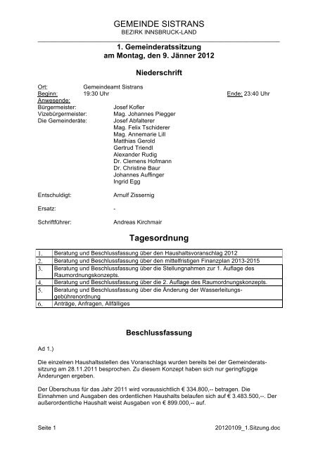 GEMEINDE SISTRANS Tagesordnung