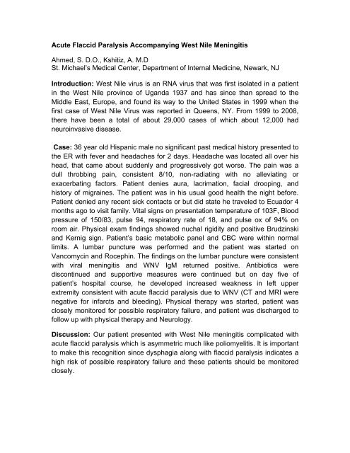 Acute Flaccid Paralysis Accompanying West Nile Meningitis Ahmed