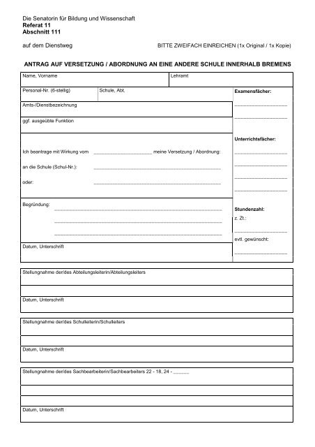 Versetzungsantrag Zum Download Personalrat Schulen Bremen