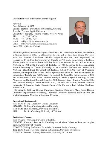 Curriculum Vitae of Professor Akira Sekiguchi Personal: Born ...