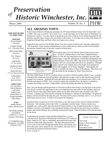 Volume 29.3, Winter 2006 - Preservation of Historic Winchester, Inc.