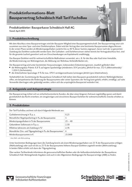 Produktinformationsblatt Tarif Fuchsbau Bausparkasse