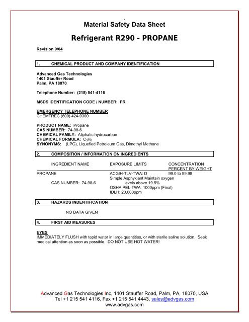 here's a link to the MSDS for propane r290 - IDMsvcs