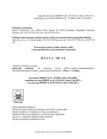 Etykieta stosowania herbicydu Basta 150 SL - ochronasadu.pl