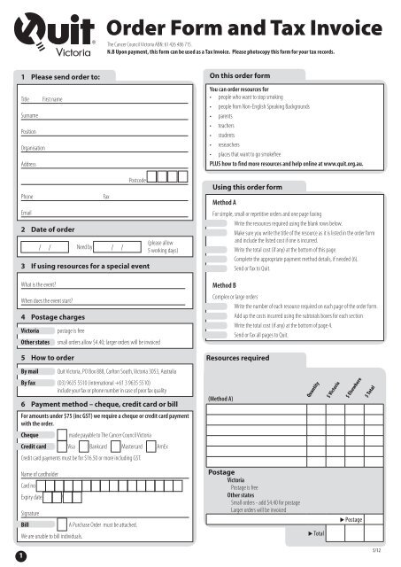 Order Form and Tax Invoice - Quit Victoria