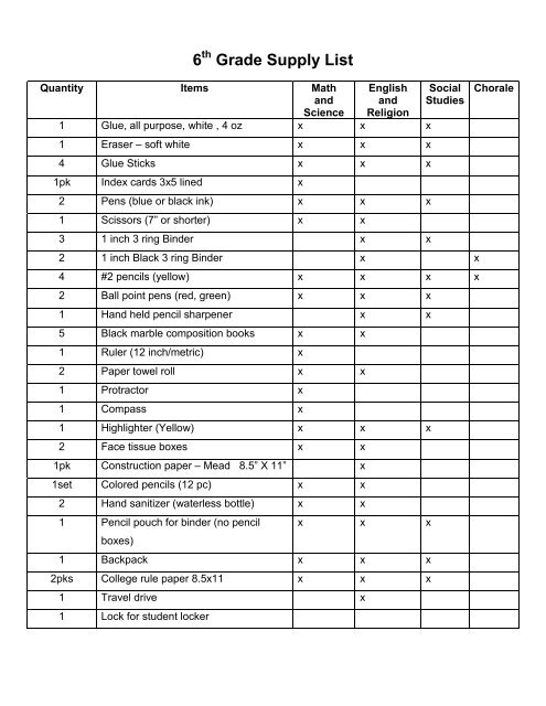 6th Grade Supply List - Saint Louis School