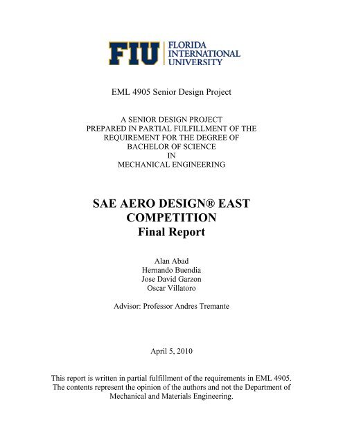 SAE AERO DESIGNÂ® EAST COMPETITION Final Report