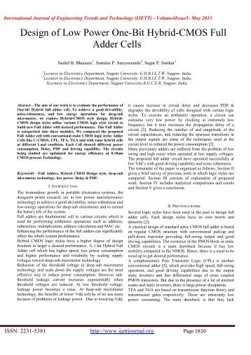 Design of Low Power One-Bit Hybrid-CMOS Full Adder Cells - IJETT ...