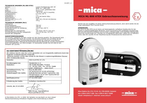 MICA ML-800 ATEX Gebrauchsanweisung - Mica Elektro OY Ltd
