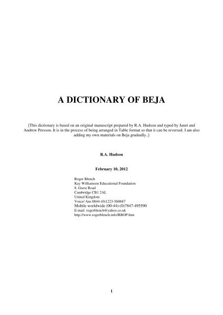 A Dictionary Of Beja Roger Blench - mh sub name beacon roblox