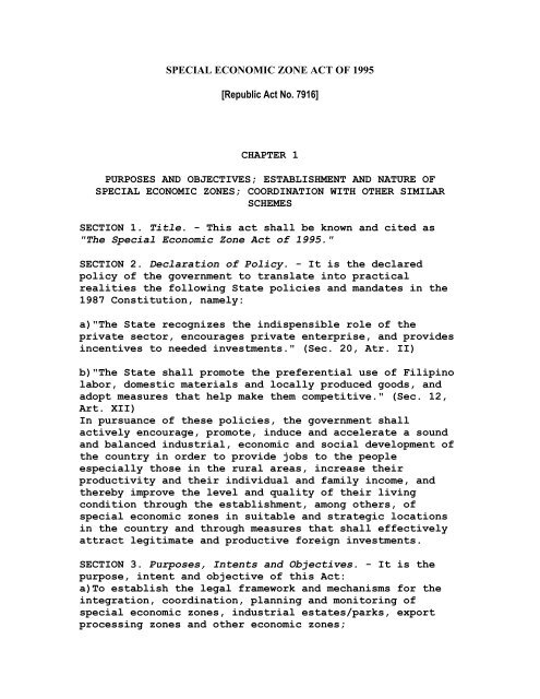 SPECIAL ECONOMIC ZONE ACT OF 1995 - Philippines Bases ...