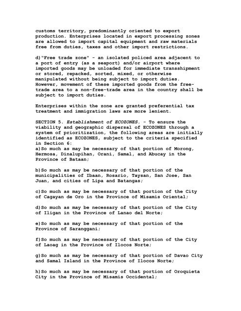 SPECIAL ECONOMIC ZONE ACT OF 1995 - Philippines Bases ...