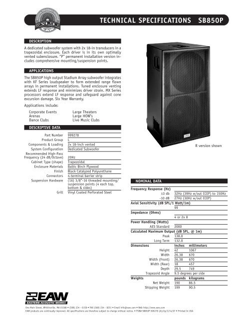 TECHNICAL SPECIFICATIONS SB850P - Soundkat.com