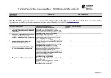 Formwork activities in construction – sample site safety checklist