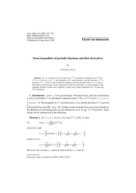 Norm Inequalities Of Periodic Functions And Their Derivatives Springer