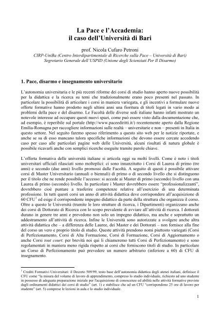 La Pace E L Accademia Il Caso Dell Universita Di Bari Infn