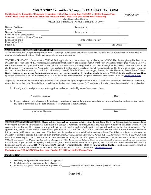 VMCAS 2012 Committee / Composite EVALUATION FORM