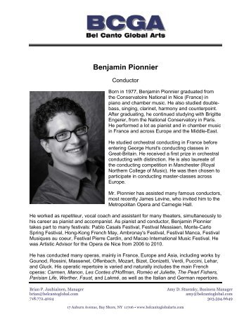 Benjamin Pionnier Bio - Bel Canto Global Arts, LLC