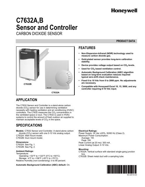 Honeywell C7232b1014 Co2 Sensor No Display Duct Mount