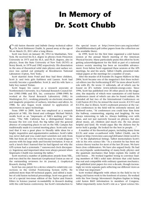 In Memory of Dr. Scott Chubb - Infinite Energy Magazine