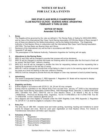 Notice of Race - International Star Class Yacht Racing Association