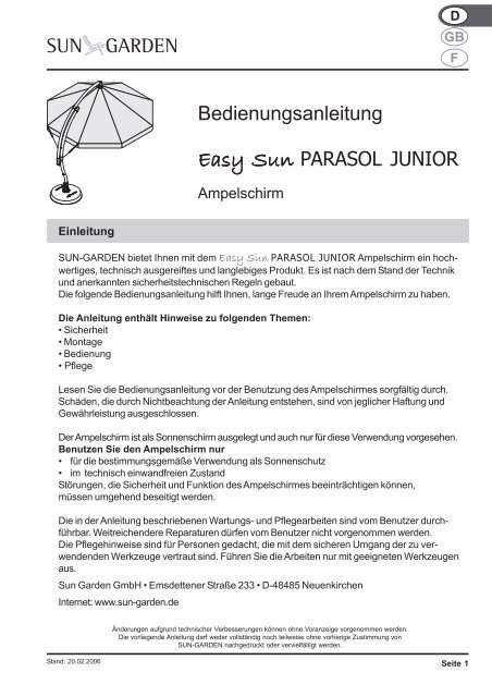 Bedienungsanleitung Easy Sun PARASOL JUNIOR - SUN GARDEN ...