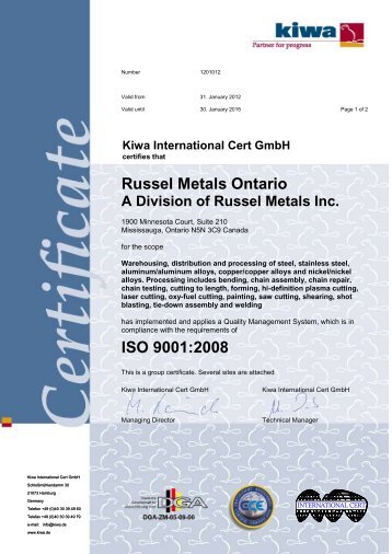 ISO 9001:2008 Certificate - Russel Metals, Inc.