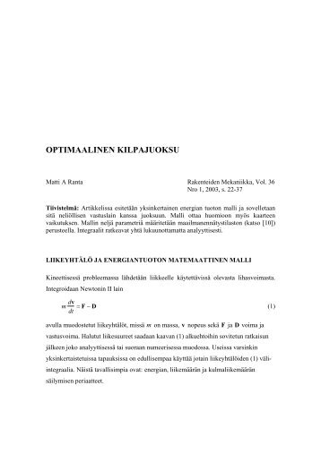 optimaalinen kilpajuoksu - Rakenteiden mekaniikan seura - TKK