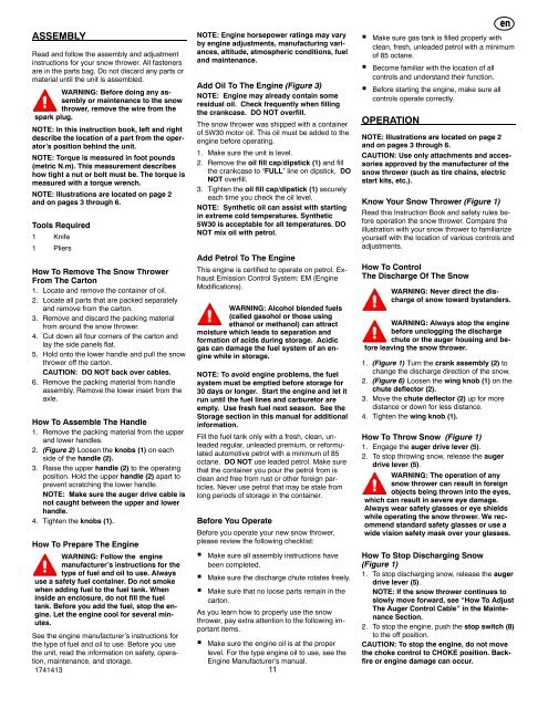 Instruction Book - Snowthrower Model 6210701x54NA ... - Canadiana