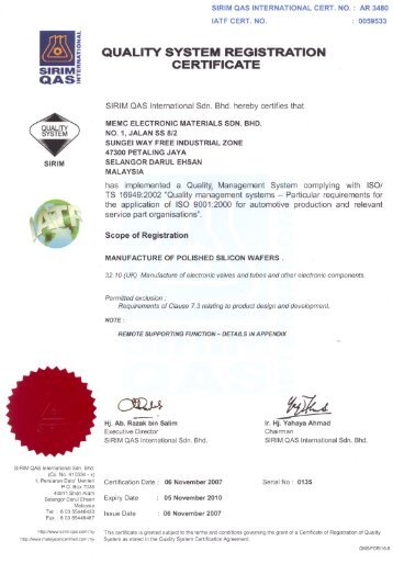 SIRIM OAS International Sdn. Bhd. - MEMC Electronic Materials, Inc.