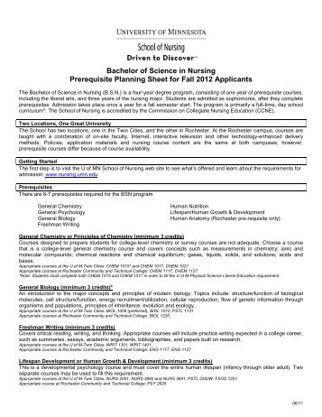 Bachelor of Science in Nursing Prerequisite Planning Sheet for Fall ...