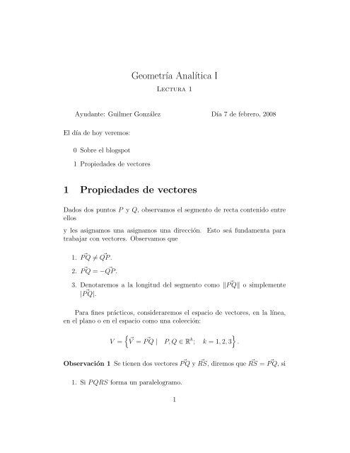 GeometrÂ´Ä±a AnalÂ´Ä±tica I 1 Propiedades de vectores