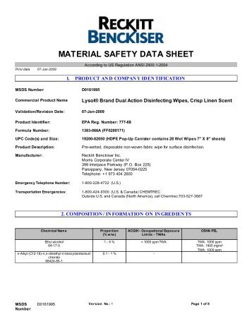 MATERIAL SAFETY DATA SHEET - Reckitt Benckiser