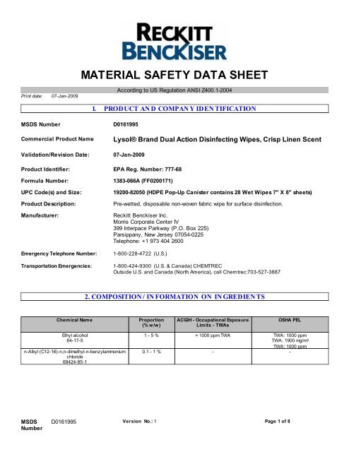 MATERIAL SAFETY DATA SHEET - Reckitt Benckiser