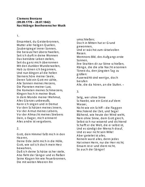 Clemens Brentano Sprich Aus Der Ferne Gedichtanalyse Clemens Brentano-NachklÃ¤nge Beethovenscher - Theater Ulm