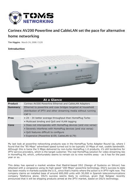 Corinex AV200 Powerline and CableLAN set the pace for alternative ...