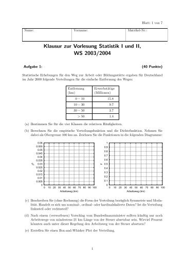 Klausur zur Vorlesung Statistik I und II, WS 2003/2004