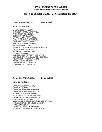 Lista de aprovados para ingresso em 2012/1 - IFRS CÃ¢mpus Porto ...